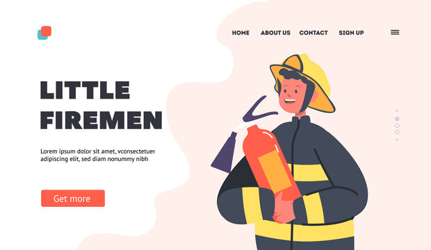 Little Fireman Landing Page Template. Boy Holding Extinguisher. Brave Firefighter with Equipment for Fighting with Blaze