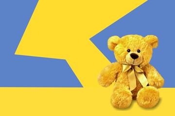 World Down Syndrome Day background. Down syndrome awareness symbol. Teddy bear on yellow and blue background.