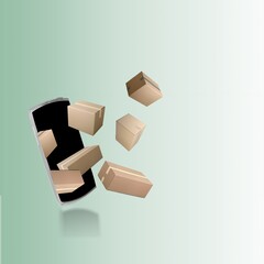 Online delivery concept with Cardboard boxes on a  background fly out of the smartphone.