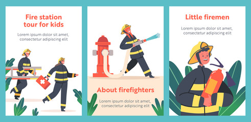 Fire Station Tour for Kids Cartoon Banners. Children Fire Fighters Characters in Uniform Holding Ladder, First Aid Kit