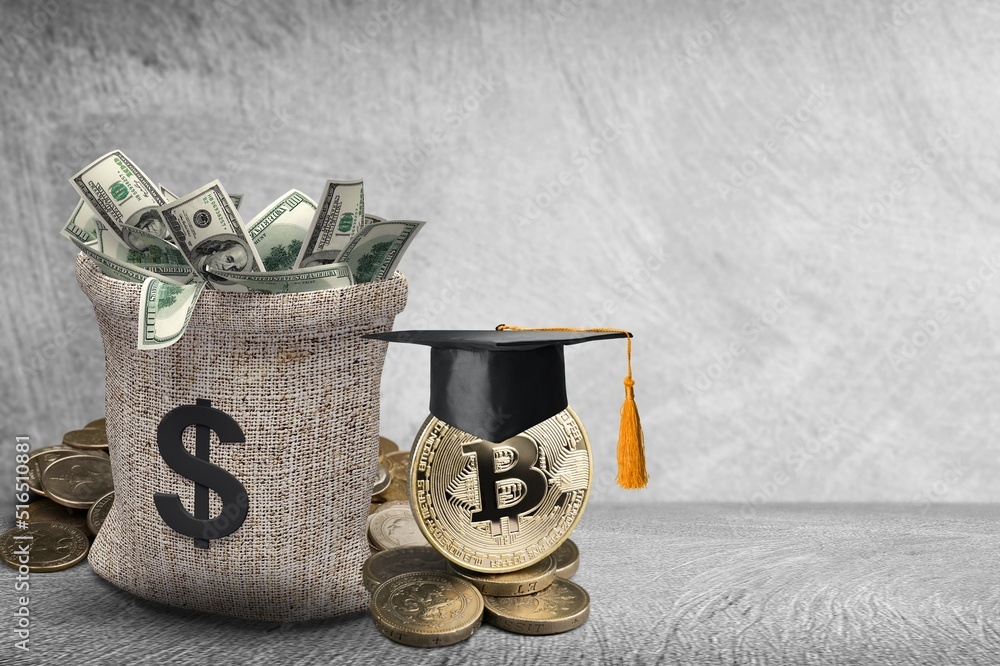 Wall mural Learning how to make money on cryptocurrency. Stack of coins with bitcoin and graduate hat.