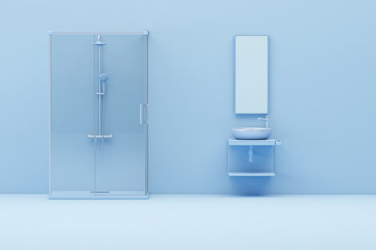 Modern bathroom interior with shower zone and dry zone. Sink and mirror with bath accessories on blue background, 3d rendering