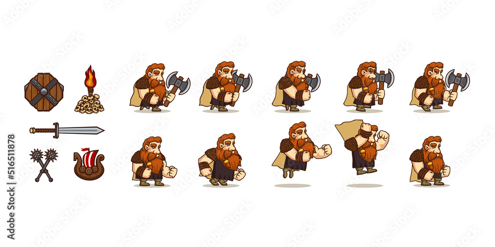 Poster game character viking walk and jump cycle sequence. vector cartoon icons set of sword, shield, torch