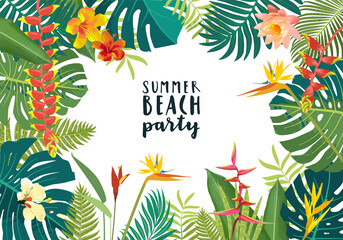 Vector Summer Beach Party beautiful jungle exotic leaves flyer, poster, banner. Calligraphic summer design. Monstera, hibiscus, bird of paradise flowers, tropical plants. Summertime illustration