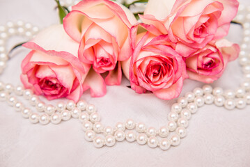 The branch of pink rose on white fabric background
