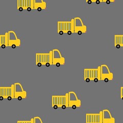 A simple pattern of cars. cute yellow trucks on a grey   background. Fashionable print for children's textiles, wallpaper and packaging.