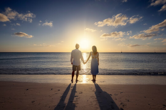 A romantic couple holding hands stands on the beach and watches the sunset 