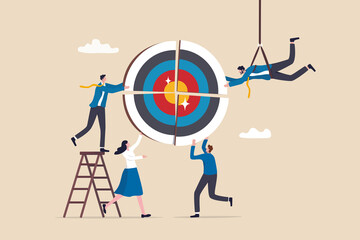 Team target to success together, teamwork or challenge to work as partnership, coworkers or colleague collaboration to achieve goal concept, business people team work together to connect arrow target.