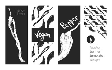Black and white pepper pattern seamless. Hand-drawn vector illustrations of hot peppers and Jalapeno. Pepper doodles. Vegetable background. Concept of vegan food banner templates. Vegetarian backdrop.