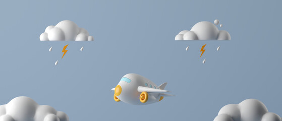 3d airplane travel concept flying under the clouds monsoon weather. 3D cartoon concept for banner, cover, greeting card, brochure, poster. 3d rendering  illustration