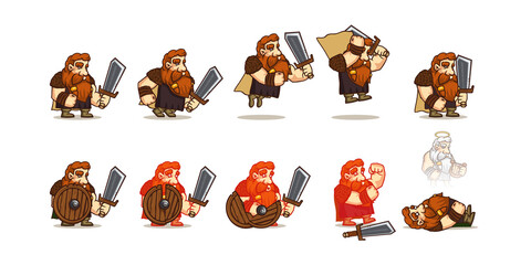 Viking cartoon character sprite sheet animation for 2d rpg game. Scandinavian warrior personage fight with sword, dying in battle with soul fly out of dead body animated effect, Vector illustration