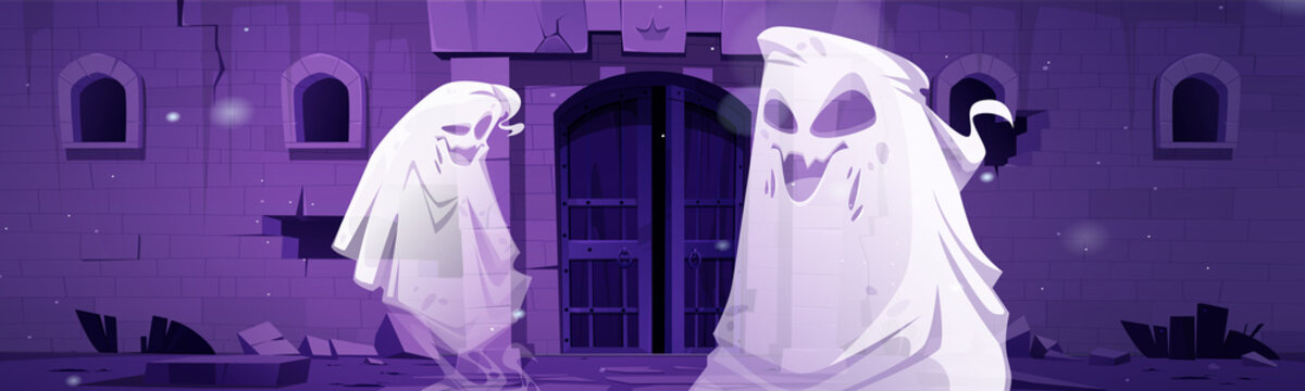 Spooky ghosts near abandoned castle gates at night. Cartoon Halloween characters floating at haunted house facade with broken walls. Funny yelling spooks near old palace entrance, Vector illustration