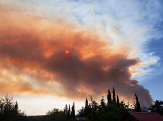 Smoke from summer fires (arson) covers the sun on the Greek island of Evia, Greece