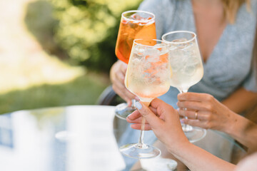 A group of friends cheers their drinks together. Glasses of alcoholic summer cocktails.