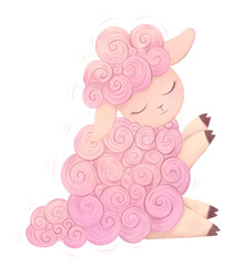 pink lamb cute hand-drawn, children's cartoon character on a white background