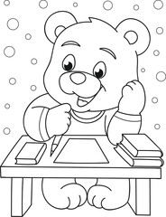 Coloring page outline of cartoon smiling cute bear with books. Colorful vector illustration, school coloring book for kids.
