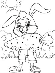 Coloring page outline of cartoon cute rabbit with carrot. Colorful vector illustration, summer coloring book for kids.