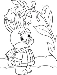 Coloring page outline of cartoon cute little rabbit with the big flower. Colorful vector illustration, summer coloring book for kids.