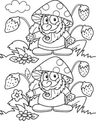 Find seven differences. Elf with strawberries. Coloring page outline of the cartoon game. Colorful vector illustration of educational game for preschool children, summer coloring book for kids. 