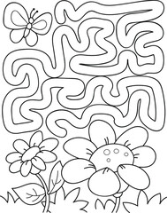Help the butterfly to find the flowers. Coloring page outline of the cartoon labyrinth. Colorful vector illustration of educational maze game for preschool children, summer coloring book for kids. 