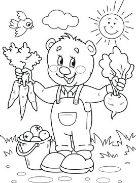 Coloring page outline of cartoon cute bear with vegetables and fruits. Colorful vector illustration, summer coloring book for kids.