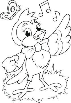Coloring page outline of cartoon smiling cute little singing bird. Colorful vector illustration, summer coloring book for kids.