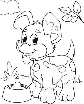 Coloring page outline of cartoon smiling cute little dog. Colorful vector illustration, summers coloring book for kids.