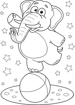 Coloring page outline of cartoon smiling cute elephant on a big ball. Colorful vector illustration, summer coloring book for kids.
