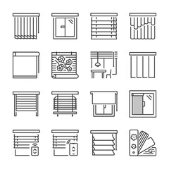 Window blinds icons set. Statutory different types of blinds, linear icon collection. Line with editable stroke