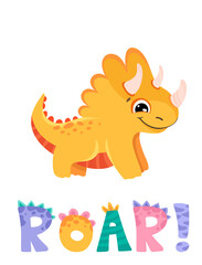 Cute dinosaur with roar lettering for birthday greeting card, baby shower invitation, nursery posters. Vector cartoon illustration in scandinavian style.