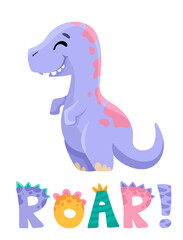 Cute dinosaur with roar lettering for birthday greeting card, baby shower invitation, nursery posters. Vector cartoon illustration in scandinavian style.
