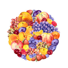 Fruits, vegetables in circle pattern. Healthy food watercolor
