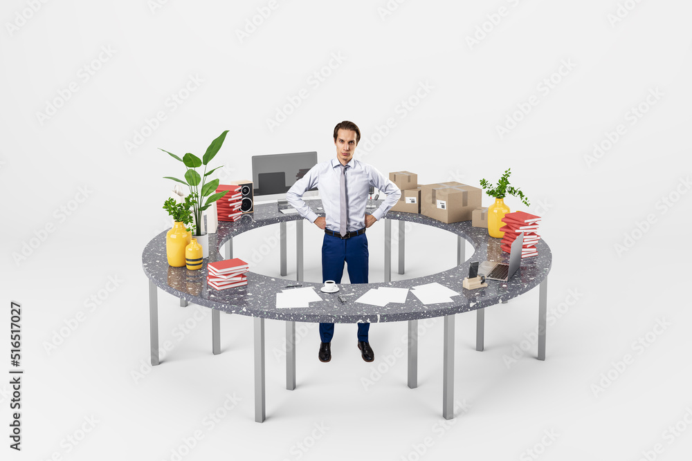 Poster attractive thoughtful young businessman standing inside round table with many items on white backgro