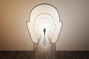 Abstract image of male walking through head outline corridor. Thinking, maze, solution and answer search concept.
