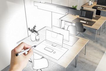 Hand contemporary drawn coworking office interior plan. Blueprint and workplace concept.