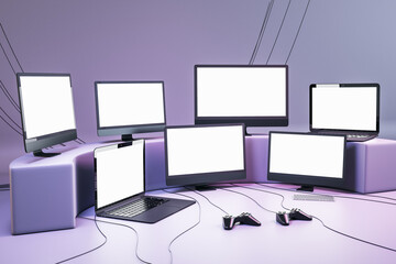 Many gaming TV and computer screens and joysticks on purple wallpaper. Video games concept. Mock up, 3D Rendering.
