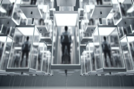 Abstract matrix room with hackers in incubators on blurry backdrop. Crime and cyberspace concept.