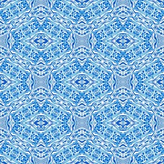 Blue white watercolor azulejos tile background. Seamless coastal geometric floral mosaic effect. Ornamental arabesque all over summer fashion damask repeat