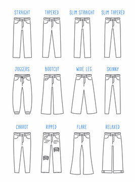 Jeans styles for men. Line icons of jean pants different fit. Male denim trousers guide. Outline flat illustration. Straight fit, wide leg, slim, skinny, joggers, relaxed, bootcut jeans, carrot model