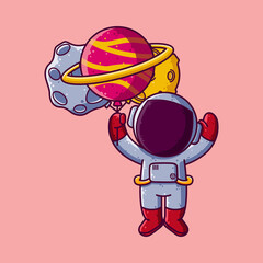 Cute Astronaut Flying with Planets Balloon Cartoon Vector Illustration. Cartoon Style Icon or Mascot Character Vector.