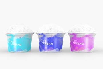 Ice cream scoops in cups 3d render. Realistic set of plastic or paper buckets, food containers isolated on white background. Watercolor packaging design for cold summer milk dessert with various taste