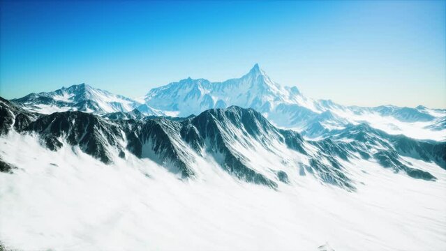 panoramic mountain view of snow capped peaks and glaciers