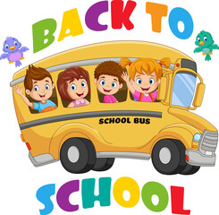 Back to school. Happy children riding on school bus