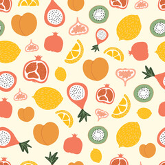 Cute bright endless pattern. Summer fruits print for textiles, wrapping paper and other designs. Vector flat illustration with food.