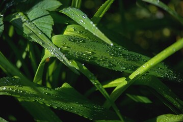Beautiful large drop morning dew in nature, selective focus. Drops of clean transparent water on leaves. Sun glare in drop. Image in green tones. Spring summer natural background.