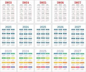 2023, 2024, 2025, 2026 and 2027 calendar set. Color vector calender design. Week starts on Sunday. January, February, March, April, May, June, July, August, September, October, November, December