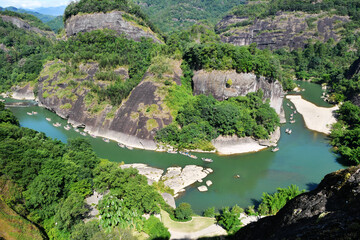 bamboo rafts drifting in rivers in Wuyi Mountain, Fujian Province, China