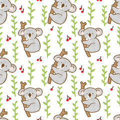 Seamless Pattern with Cartoon Koala and Leaf Design on White Background