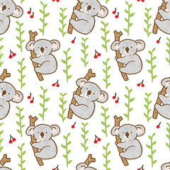 Fototapeta premium Seamless Pattern with Cartoon Koala and Leaf Design on White Background