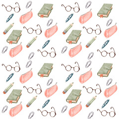 Seamless pattern school supplies. watercolor pencil